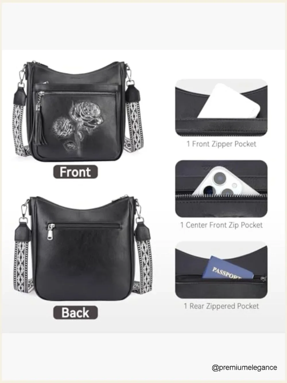 Vegan Leather Hobo Crossbody Bag Embossed Floral Lightweight Travel Purse